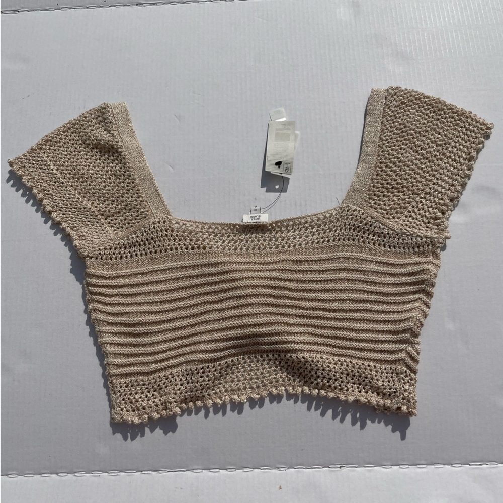 River Island Beige Crochet Crop Top with Gold Shimmer | US 14 - Picture 5 of 6